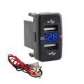 Dual USB car charger socket with blue LED voltmeter display for Toyota dashboards.