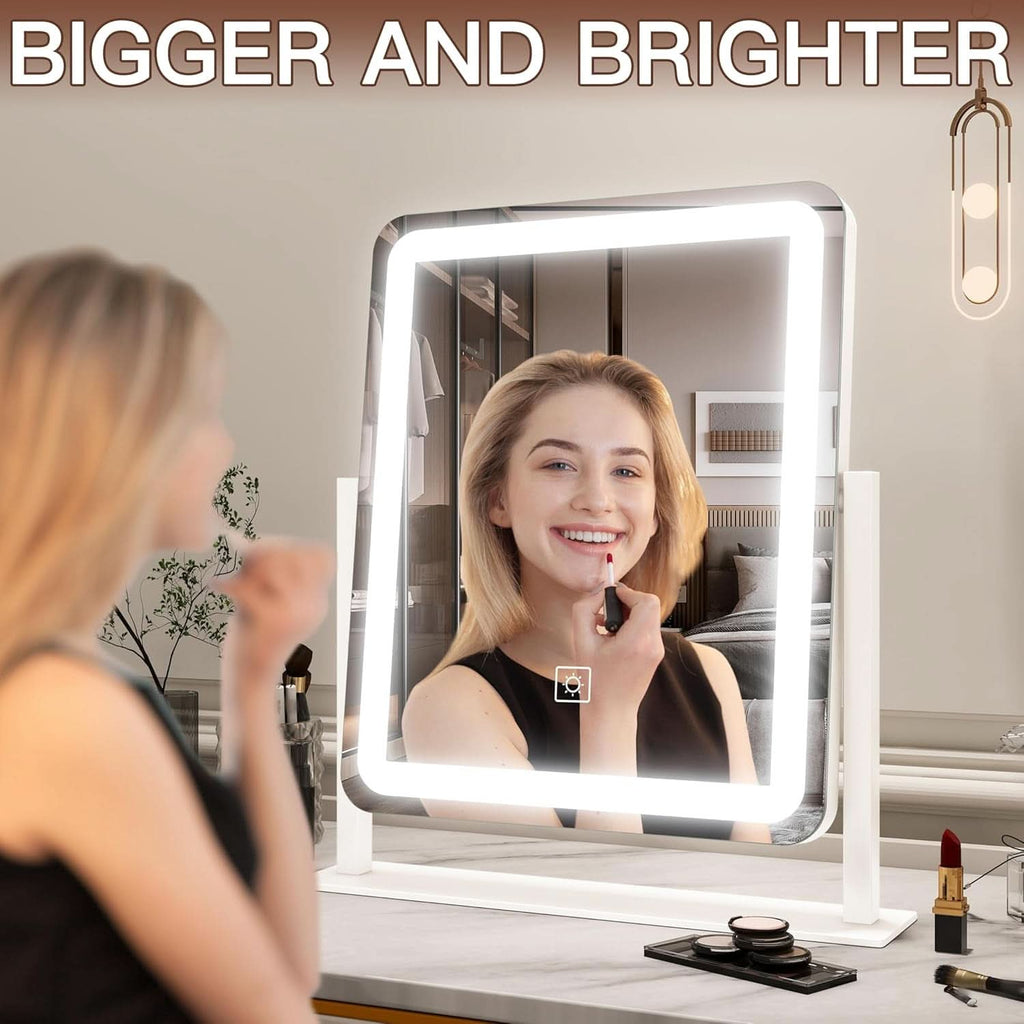 LED lighted vanity mirror with aluminum frame and smart touch controls on a desktop. — view 4