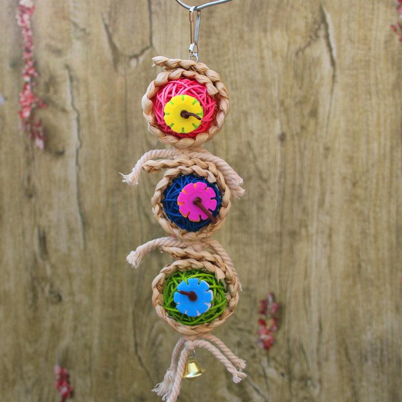 Natural vine twist rope parrot toy made of wood, luffa sponge, and rattan with metal hanger — view 5