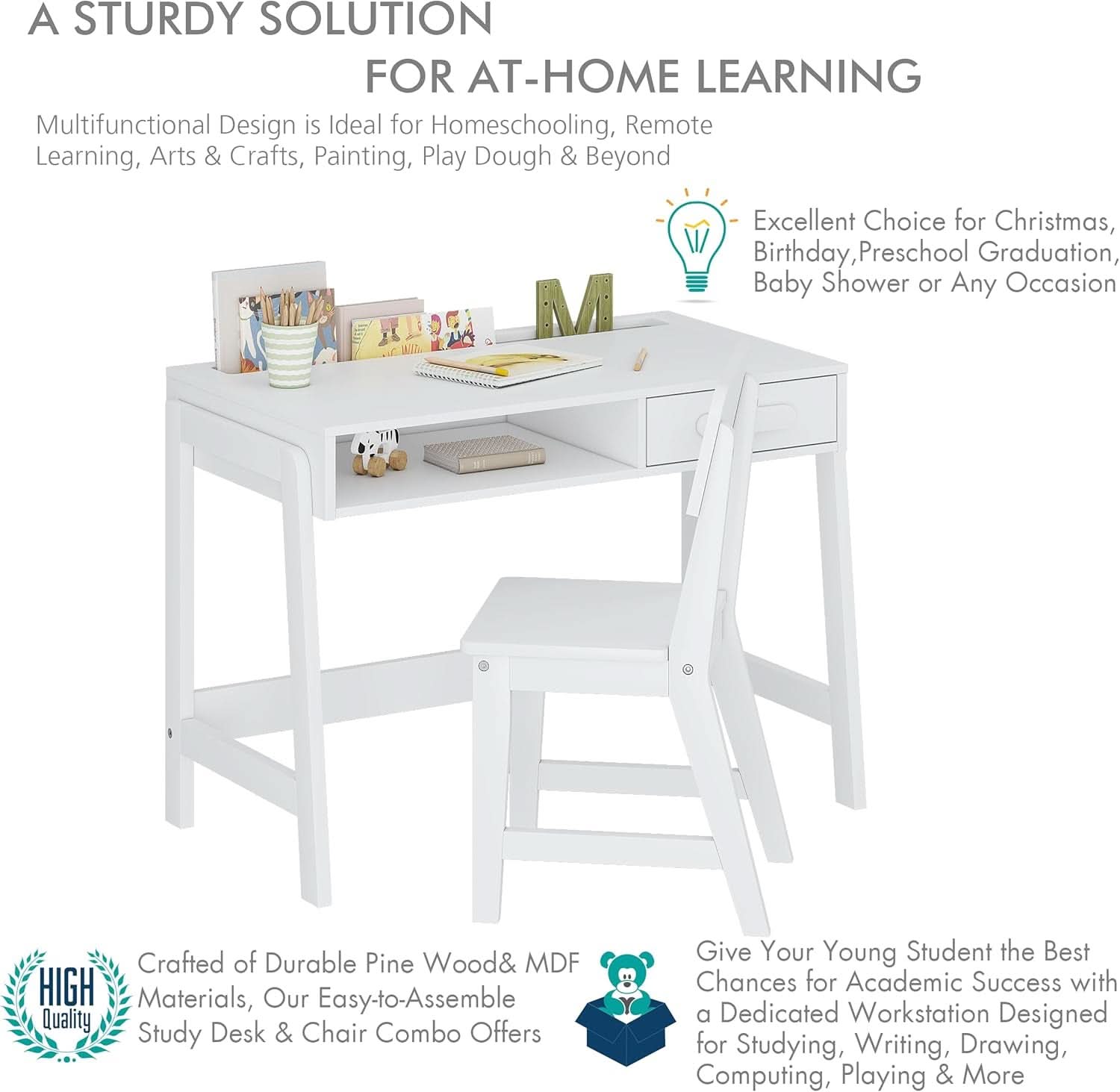 Wooden kids desk and chair set with storage drawers, open cubby, and ergonomic backrest — view 5