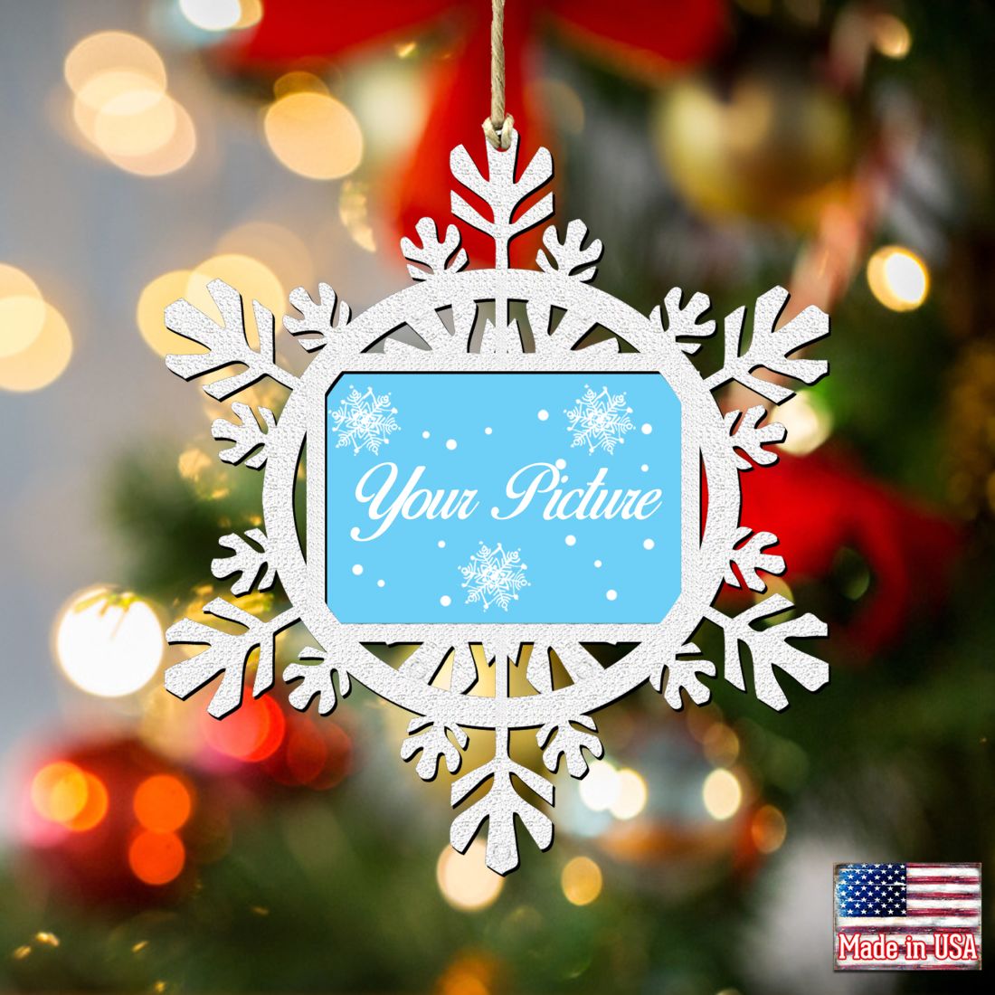 Handcrafted wooden snowflake picture frame ornament displaying a family photo for Christmas tree decor — view 3