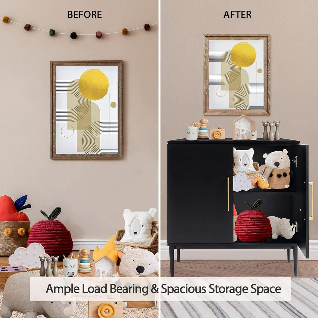 Black modern buffet cabinet with gold hardware, sturdy legs, and ample interior storage shelves — view 2