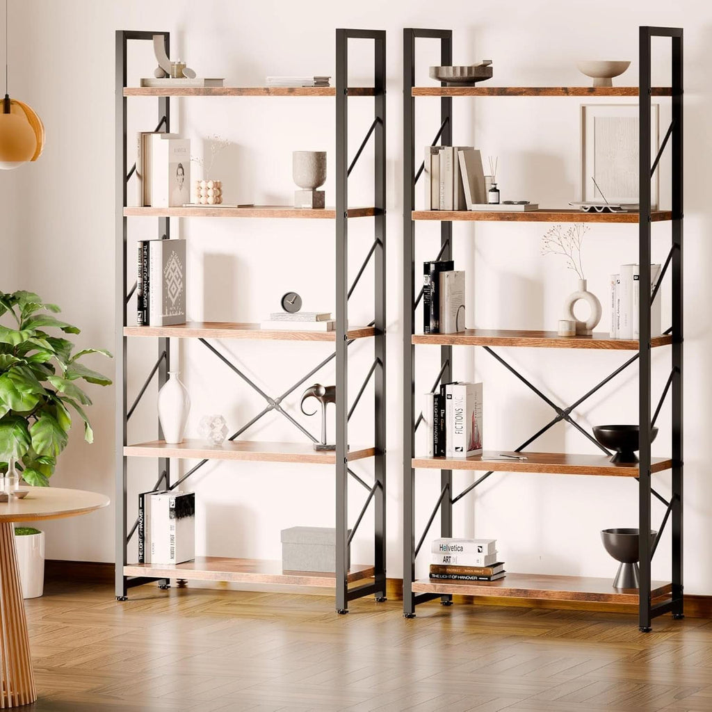 Tall 5 tier rustic brown bookshelf with black metal frame and decorative items on shelves — view 5