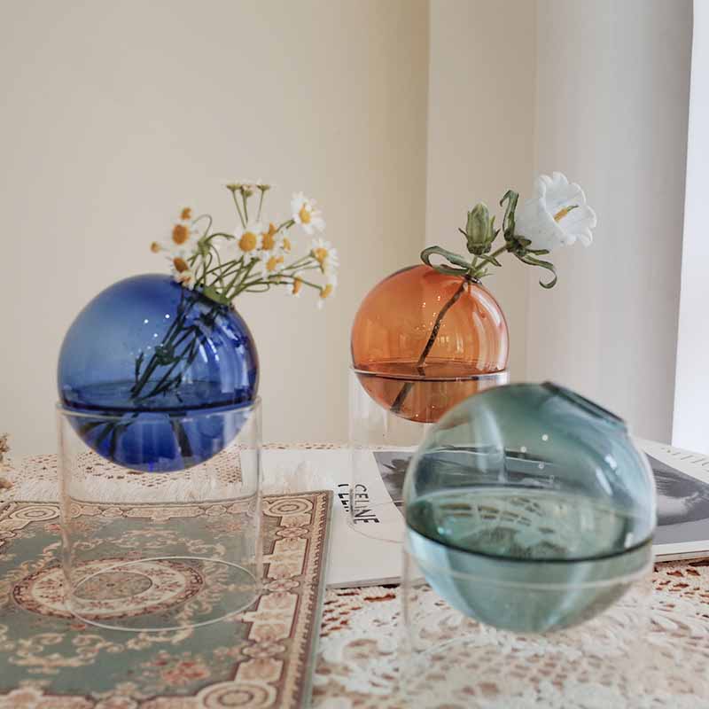 Nordic colored bubble glass vase, handcrafted modern decorative centerpiece for living room and tabletop floral arrangements — view 3