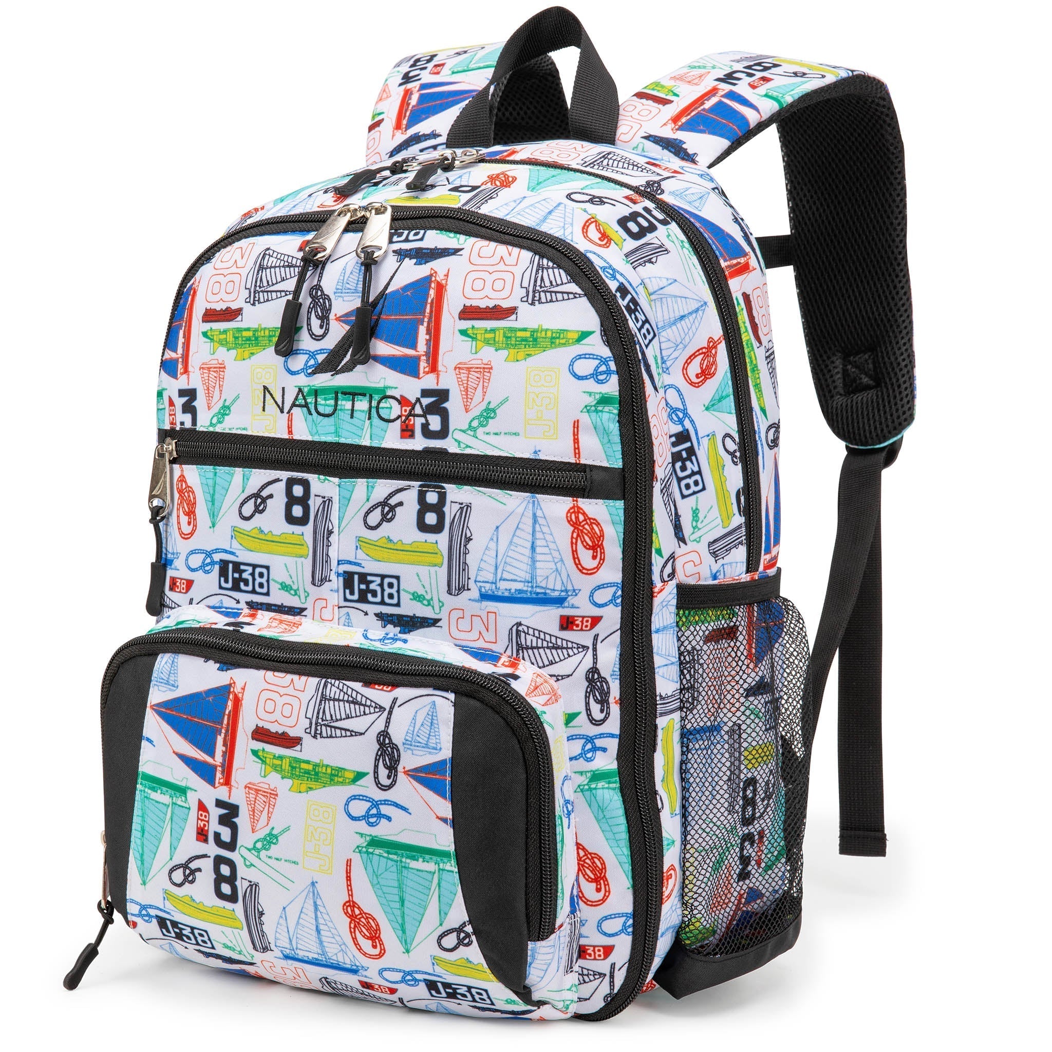 Kids sailboat print backpack in durable water-resistant polyester with padded shoulder straps and side bottle pockets