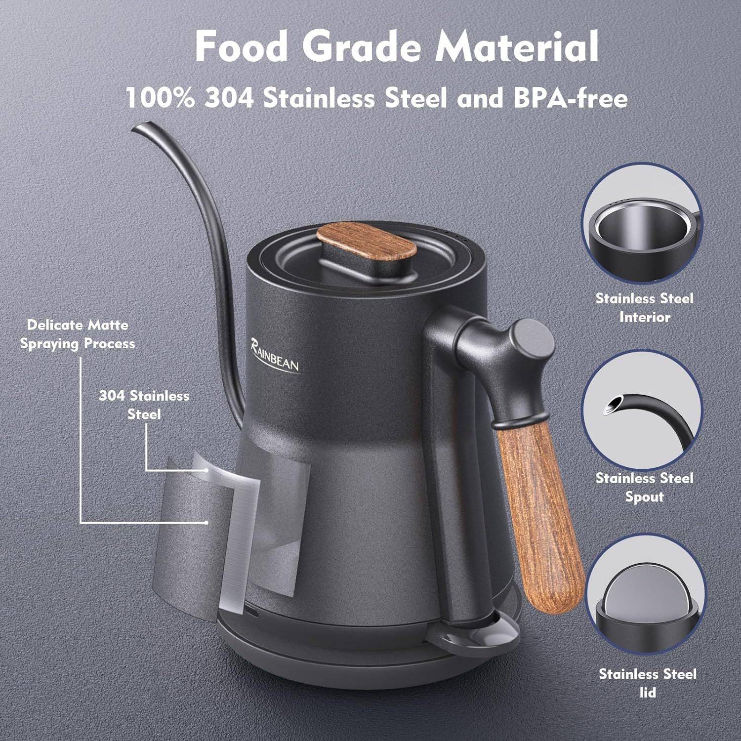 Stainless steel electric gooseneck kettle with ergonomic handle and cordless swivel base for pour over coffee — view 4