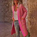 Rose red leopard print long knit cardigan for women with front pockets and loose fit