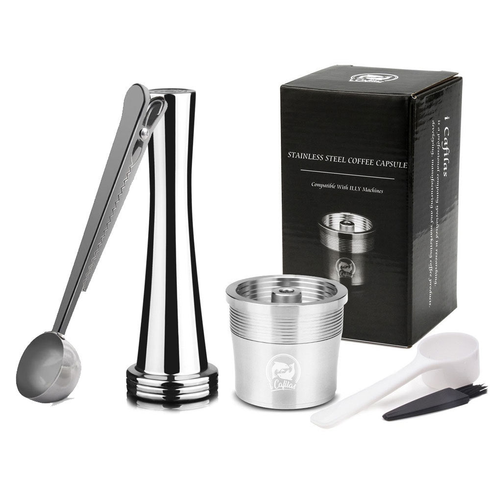 Stainless steel reusable coffee pod capsule with powder hammer and brush for sustainable espresso brewing