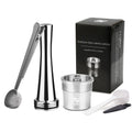 Stainless steel reusable coffee pod capsule with powder hammer and brush for sustainable espresso brewing