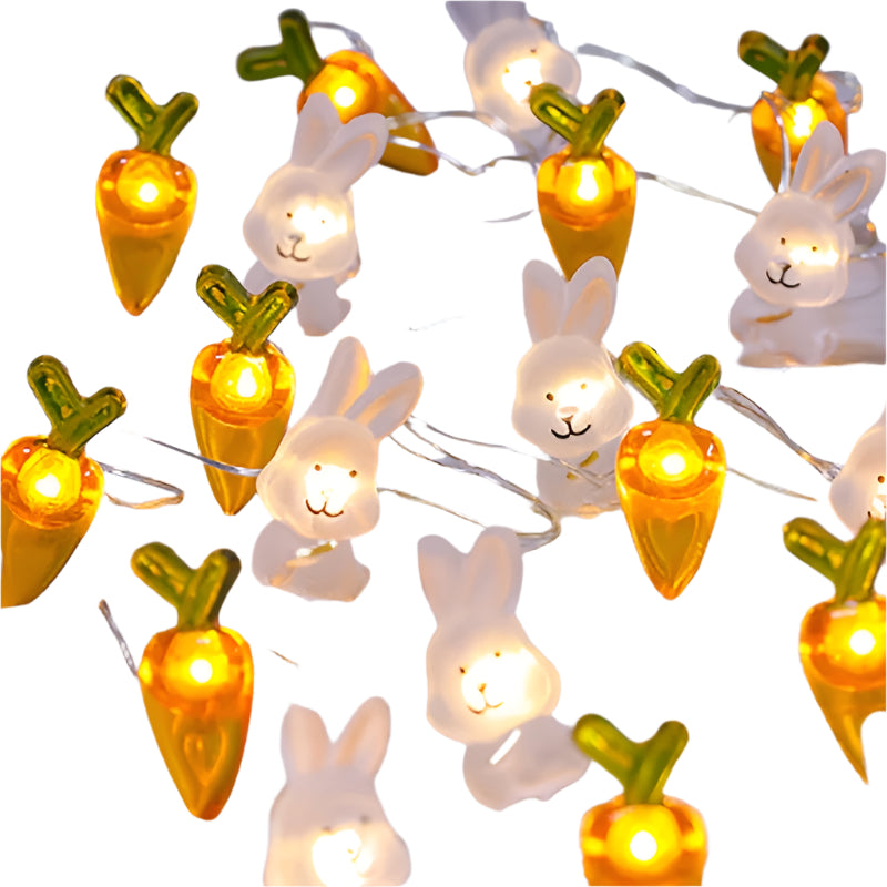 Flexible 2M copper wire string lights featuring glowing LED rabbit and carrot shaped bulbs for Easter.