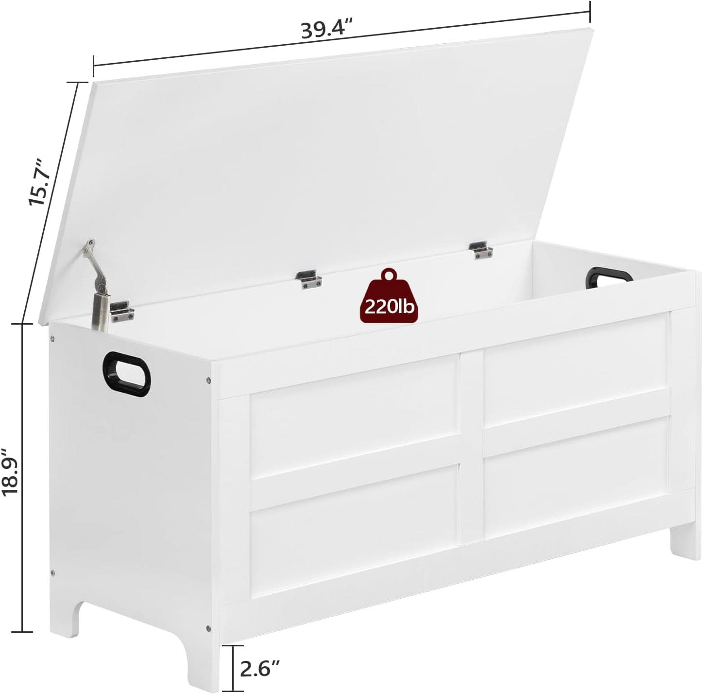 White wooden toy storage bench with closed lid, engineered wood seating, and hollow side handles — view 3