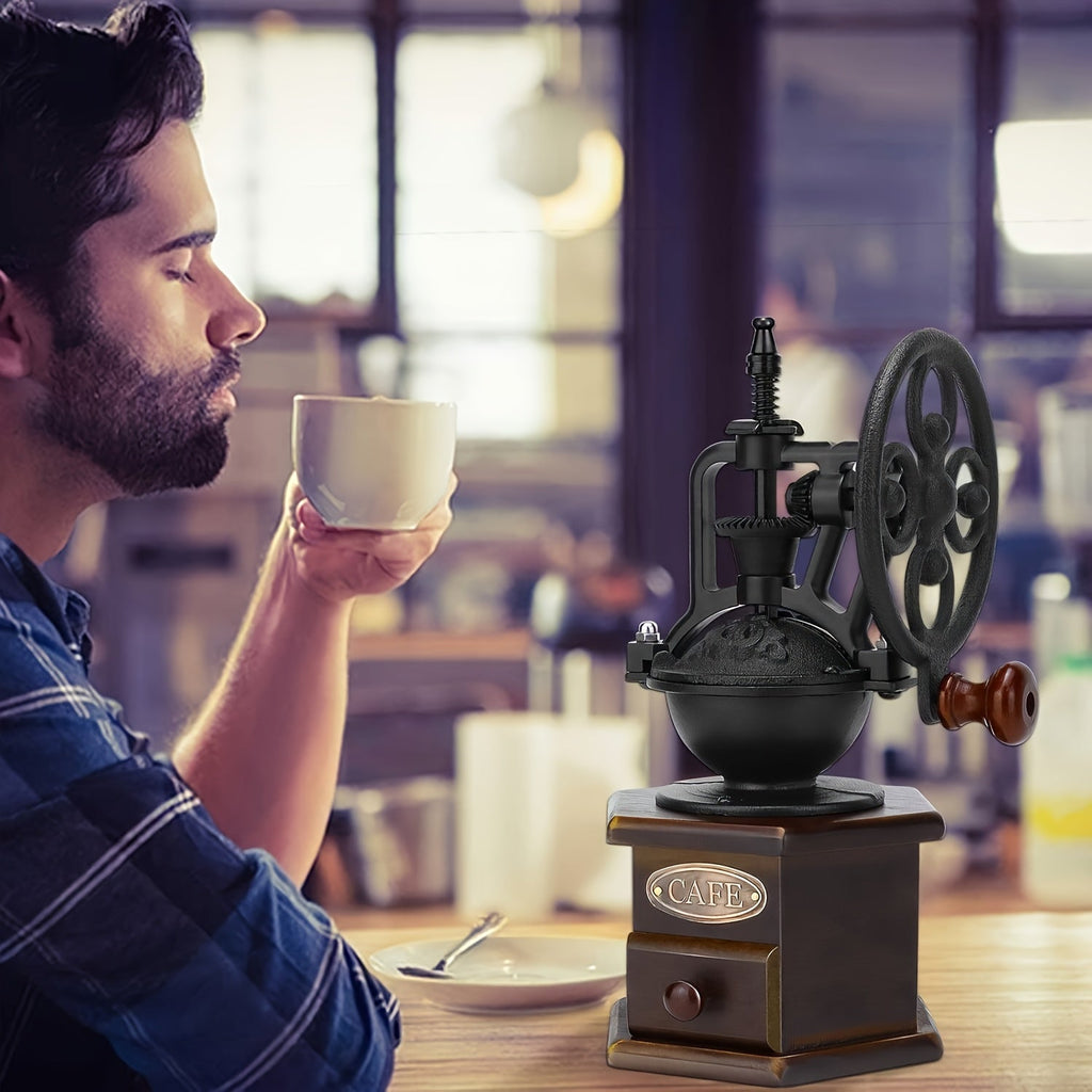 Manual coffee grinder vintage mill in black with a cast iron hand crank and wooden base — view 5