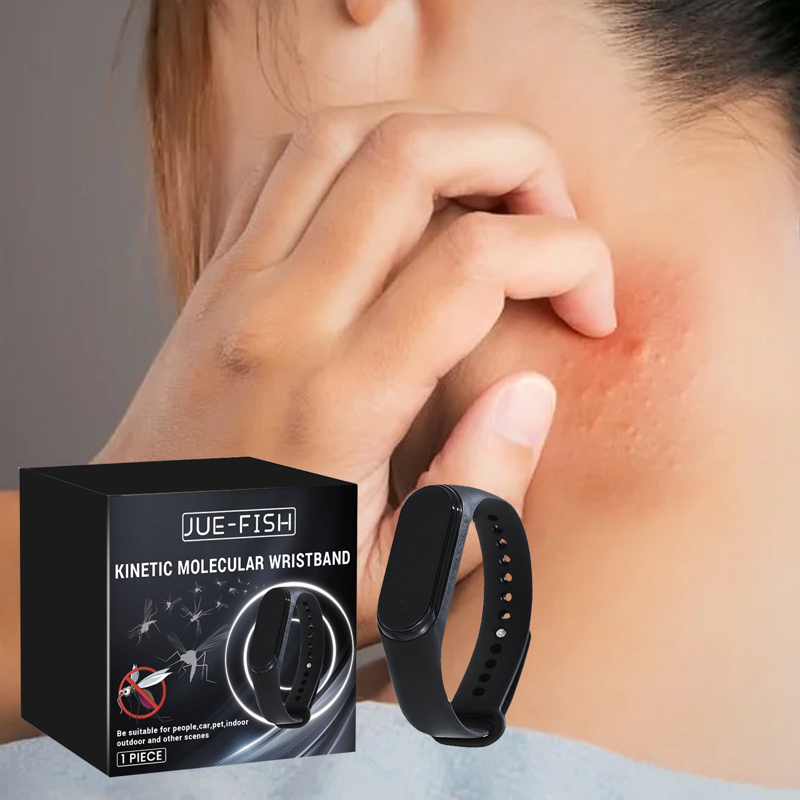 Black ultrasonic mosquito repellent wrist watch with adjustable silicone band for outdoor protection.
