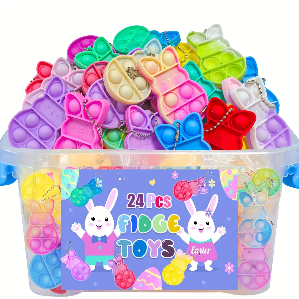 24-piece Easter bunny pop fidget keychains in mixed spring colors made of durable rubber — view 4