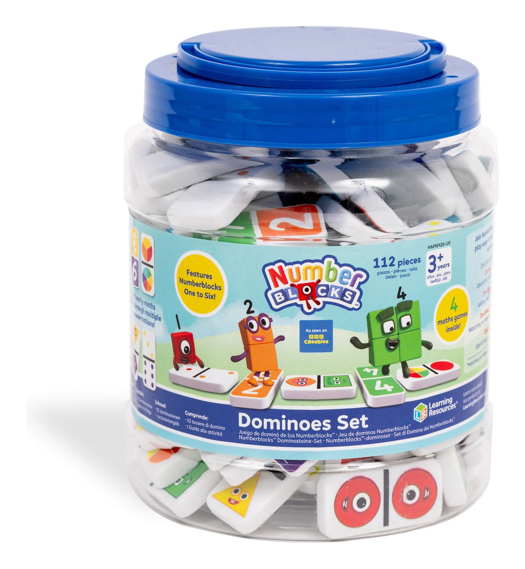 Colourful Numberblocks educational dominoes set for kids showing numbers and characters with storage tub — view 2