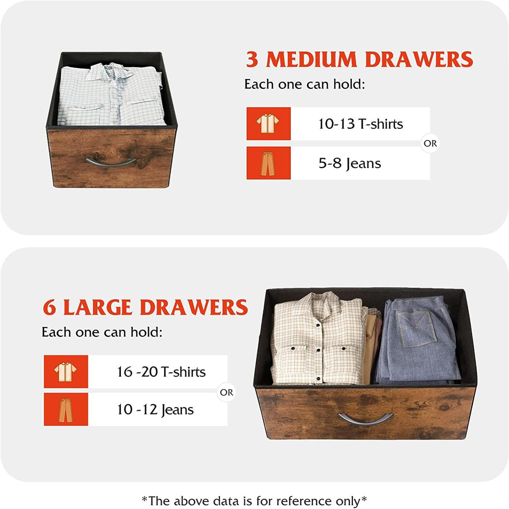 Dark grey 9-drawer fabric dresser with natural wood top and sturdy black steel frame. — view 5