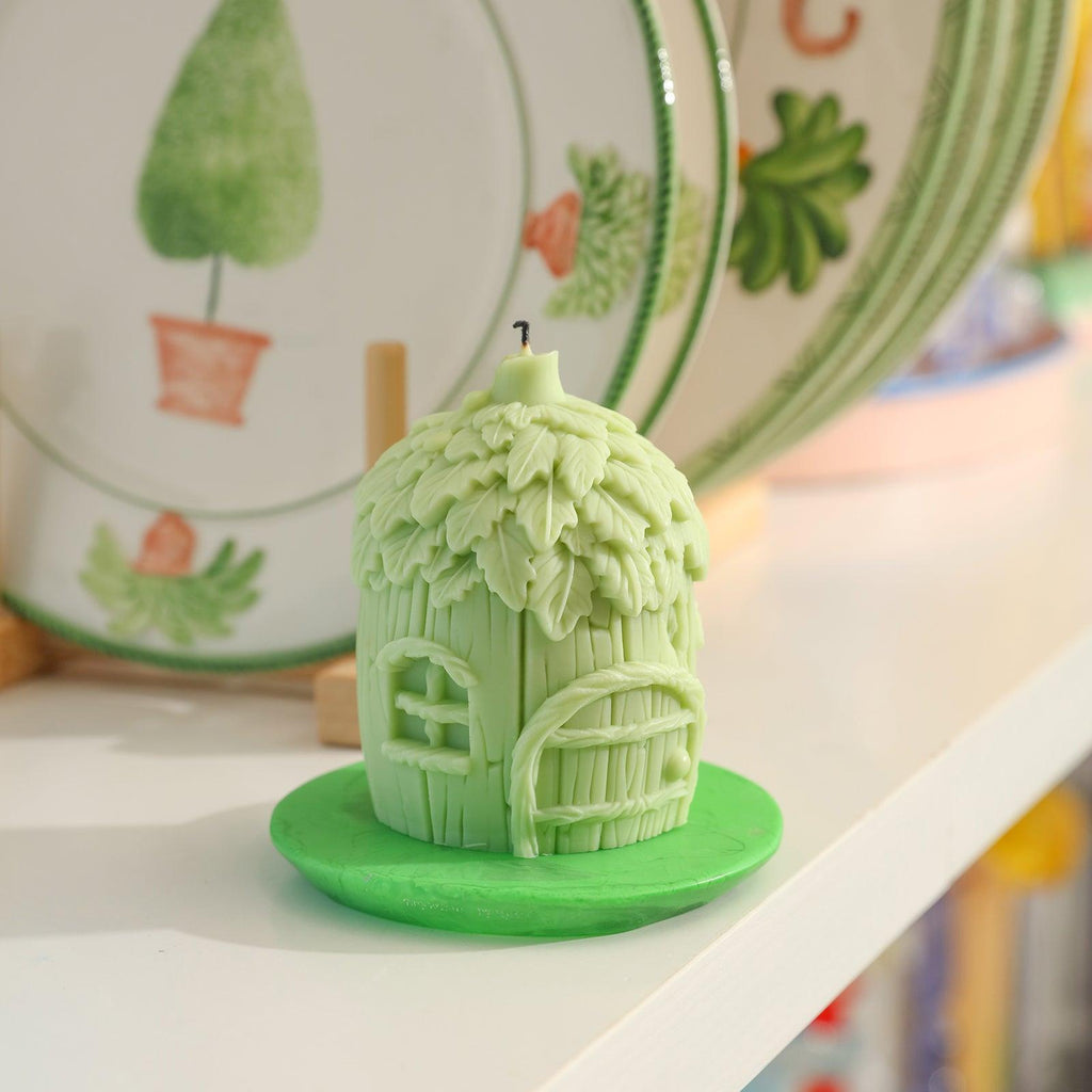 Miniature fairy house candle silicone mold featuring detailed shingled roof and round windows — view 5
