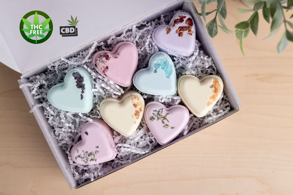 CBD lavender bath bombs gift set featuring eight heart-shaped pieces in a premium presentation box. — view 3