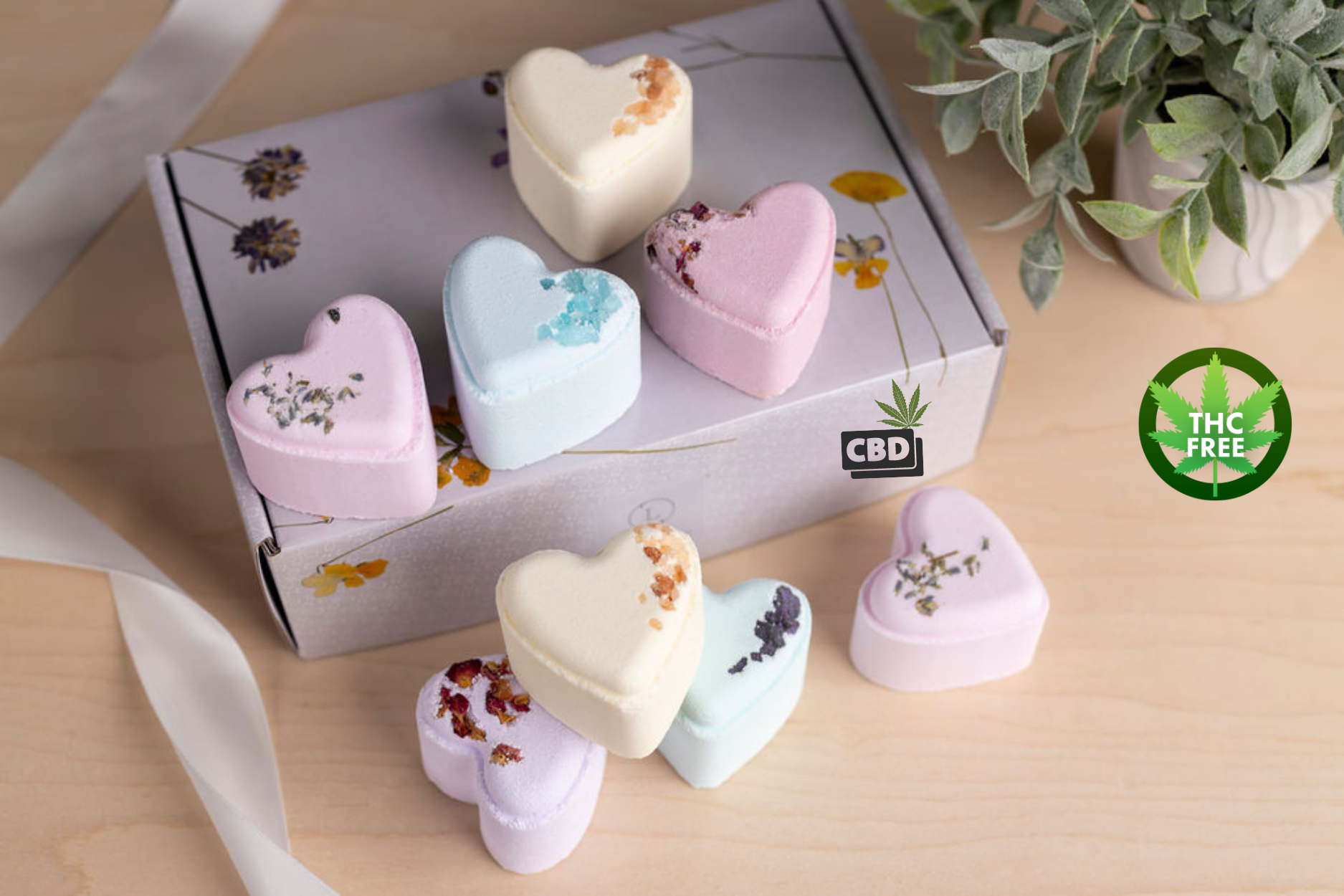 CBD lavender bath bombs gift set featuring eight heart-shaped pieces in a premium presentation box.