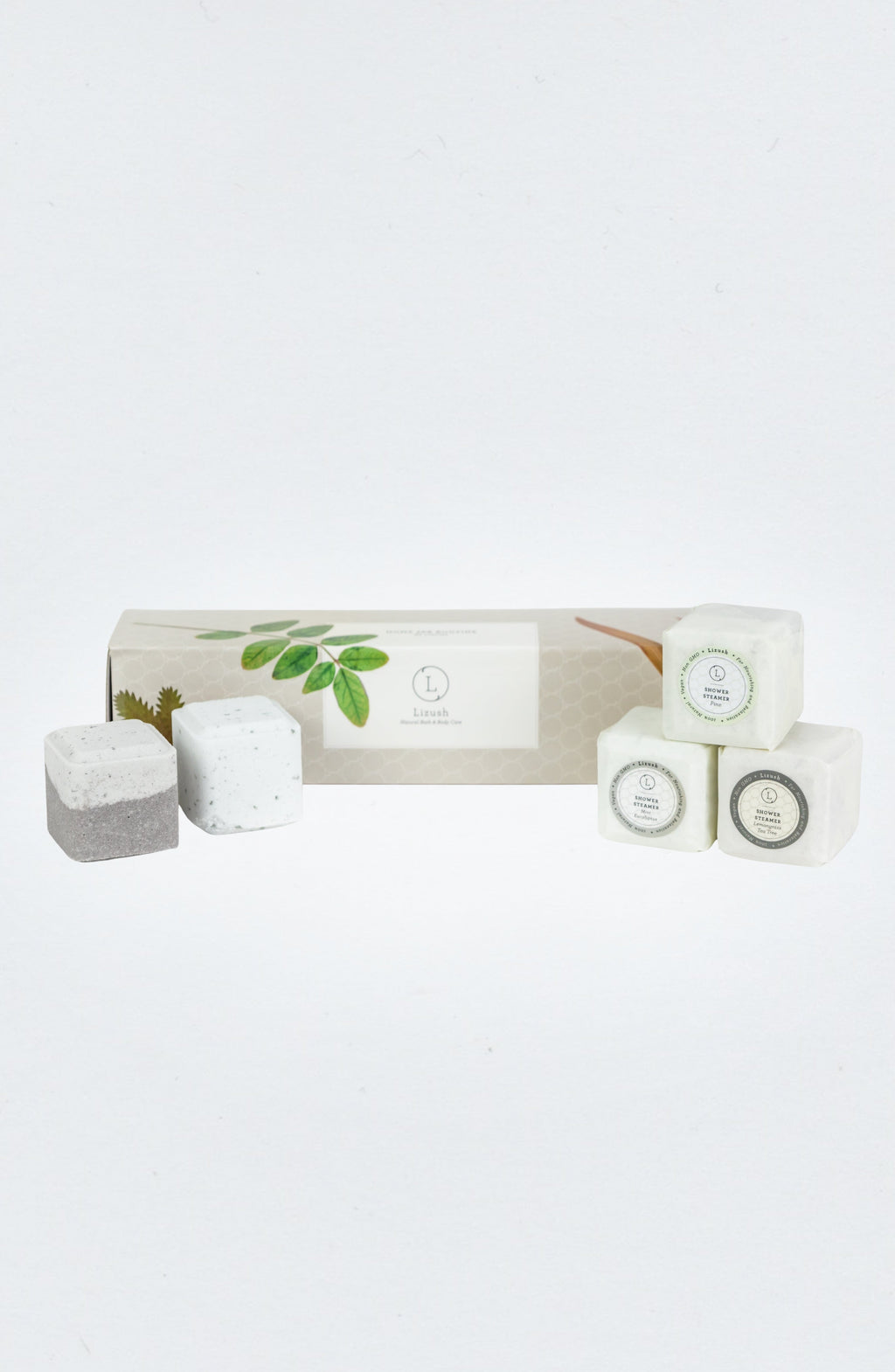 Set of five natural earthy shower steamers arranged in a beautifully packaged gift box — view 2