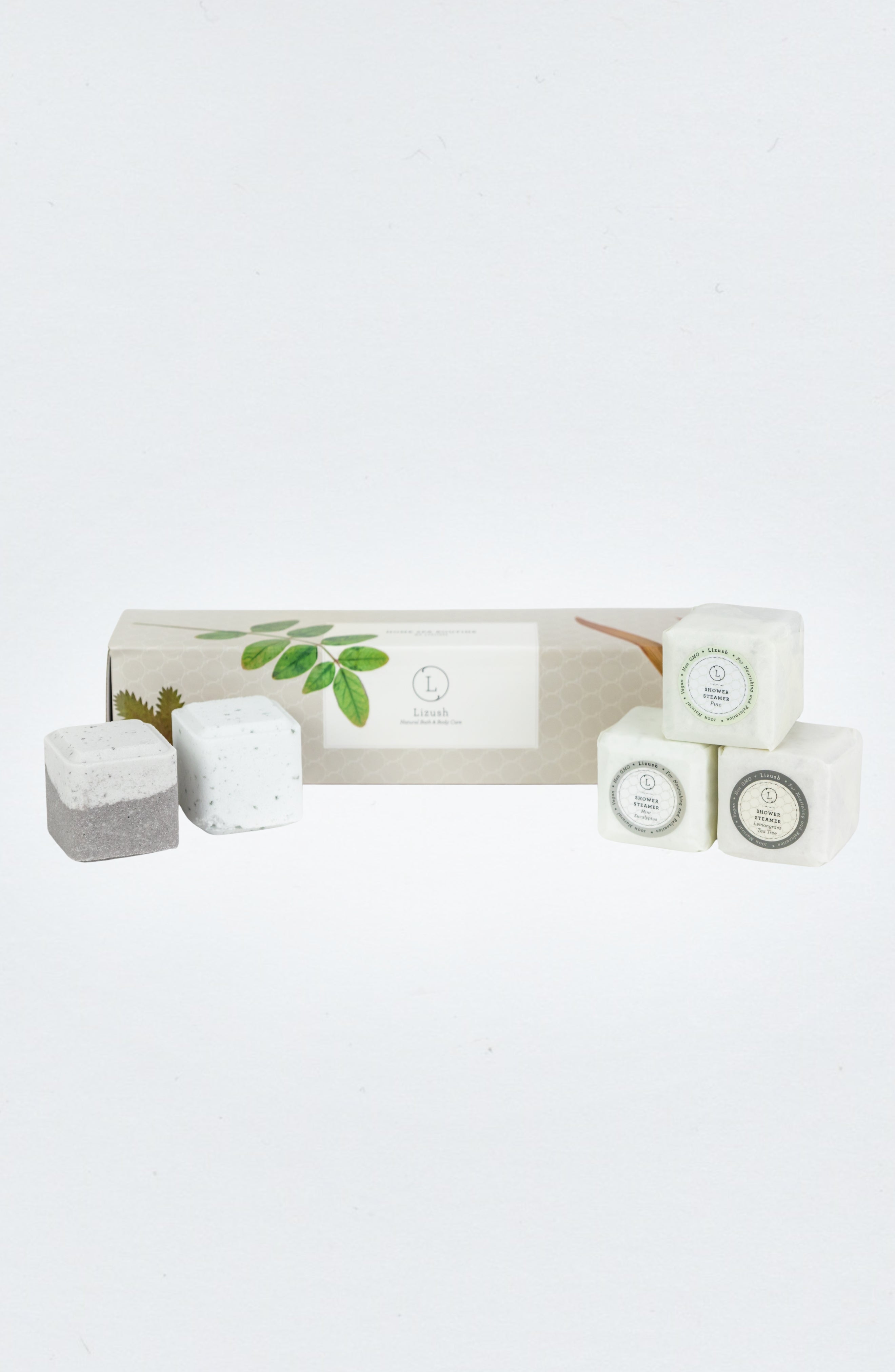Set of five natural earthy shower steamers arranged in a beautifully packaged gift box — view 2