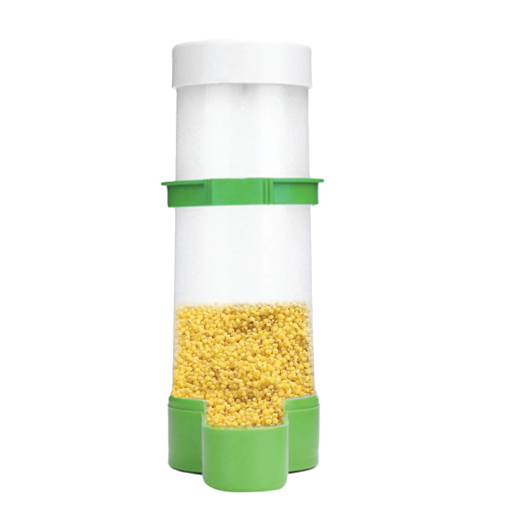 Automatic bird food dispenser in green and clear plastic mounted on a wire pet bird cage — view 2