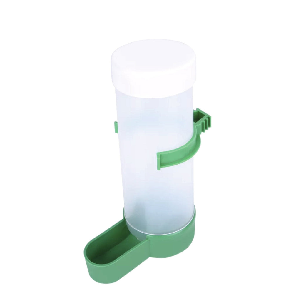 Automatic bird food dispenser in green and clear plastic mounted on a wire pet bird cage — view 4