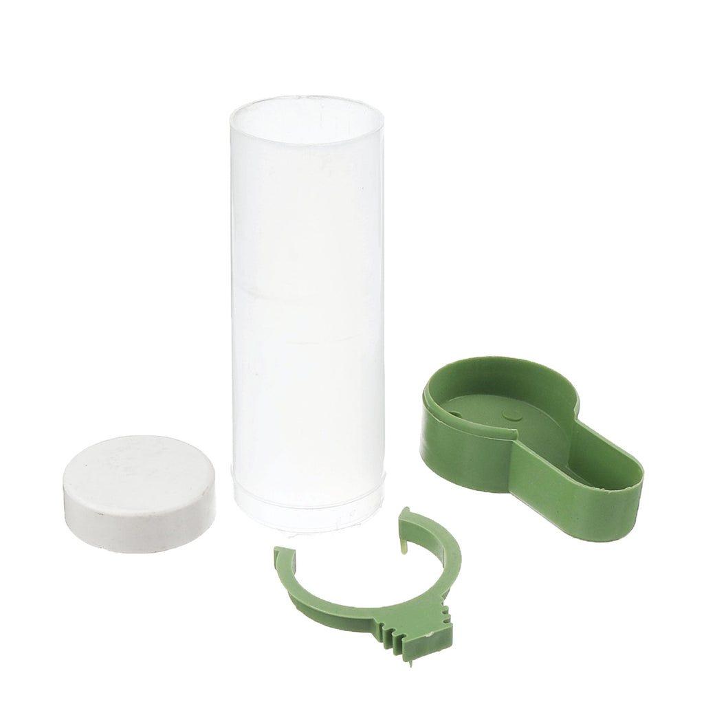 Automatic bird food dispenser in green and clear plastic mounted on a wire pet bird cage — view 5