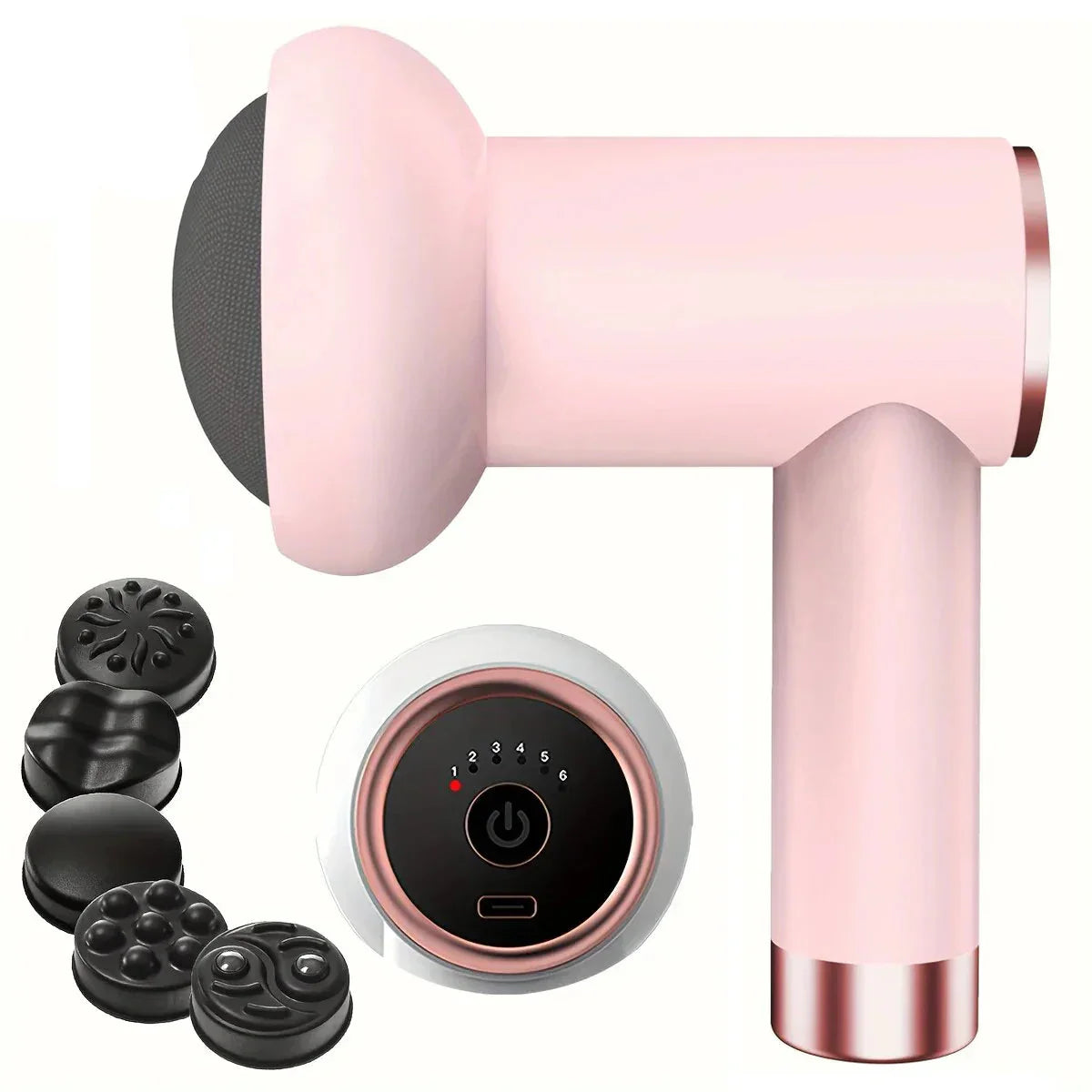 Pink 6-speed mini massage gun with interchangeable attachment heads and travel box