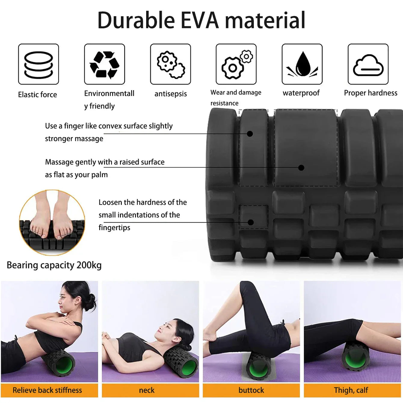 Black 6-in-1 yoga training set with foam roller, massage stick, tension band, and massage balls — view 4