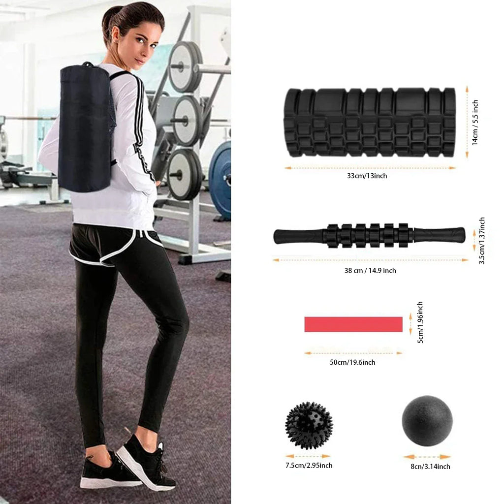 Black 6-in-1 yoga training set with foam roller, massage stick, tension band, and massage balls — view 2