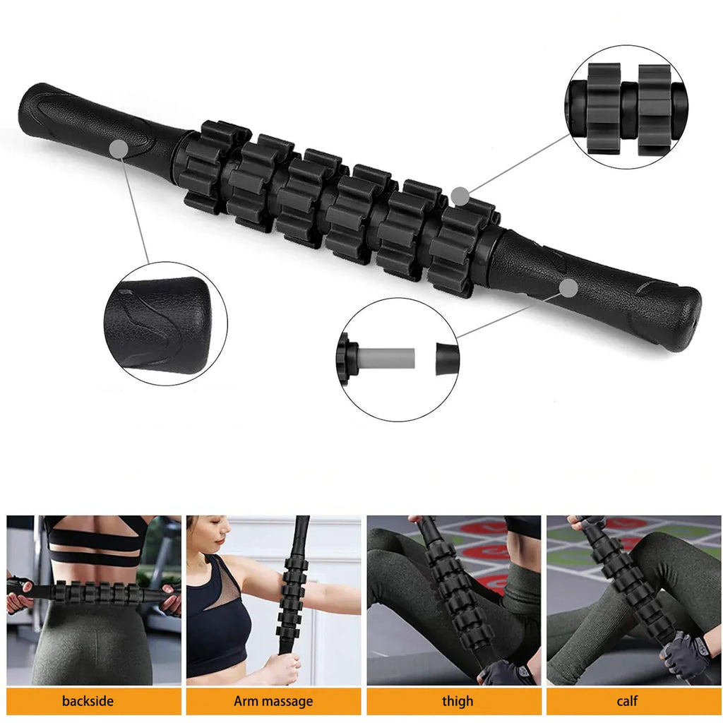 Black 6-in-1 yoga training set with foam roller, massage stick, tension band, and massage balls — view 5