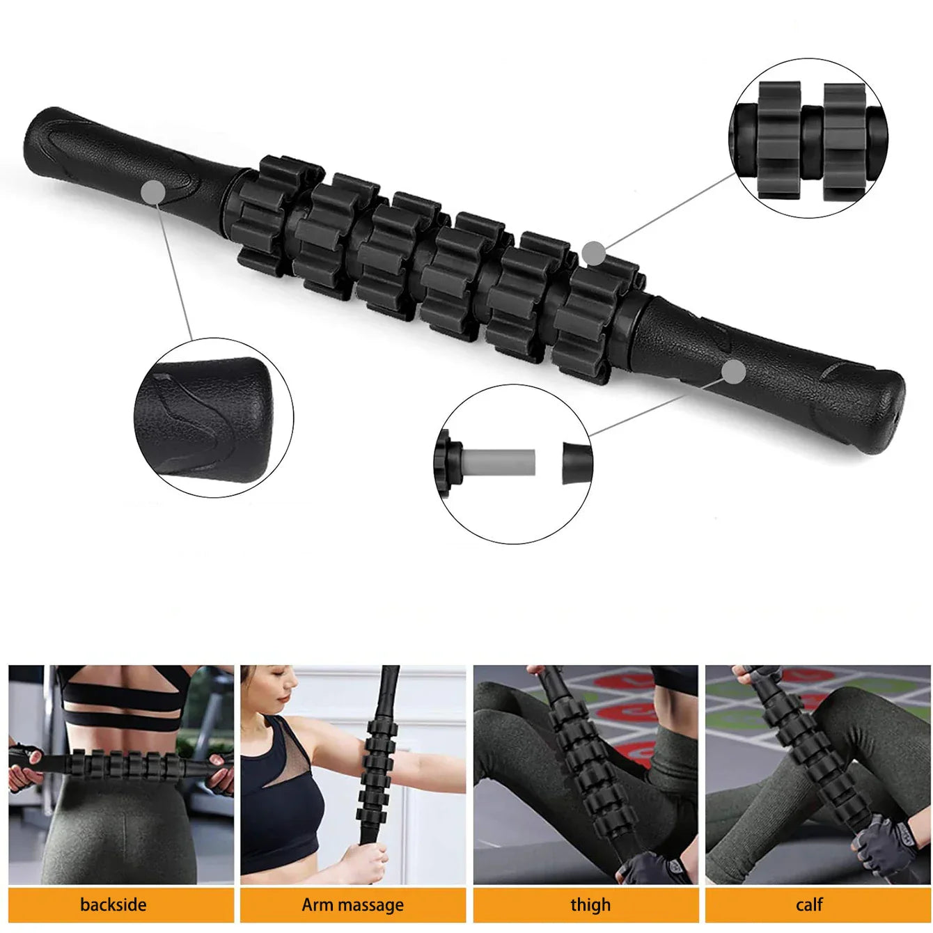 Black 6-in-1 yoga training set with foam roller, massage stick, tension band, and massage balls — view 5