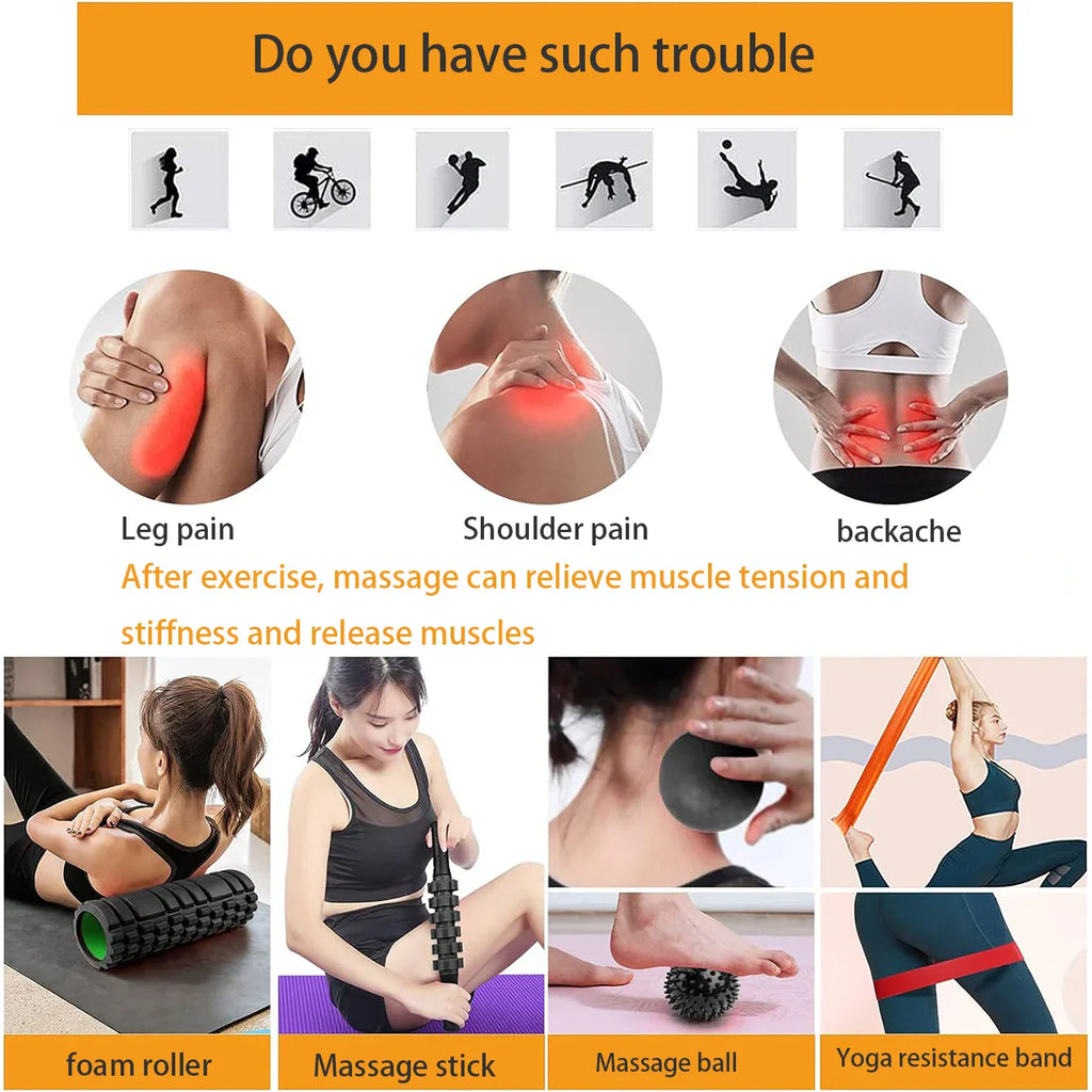 Black 6-in-1 yoga training set with foam roller, massage stick, tension band, and massage balls — view 3