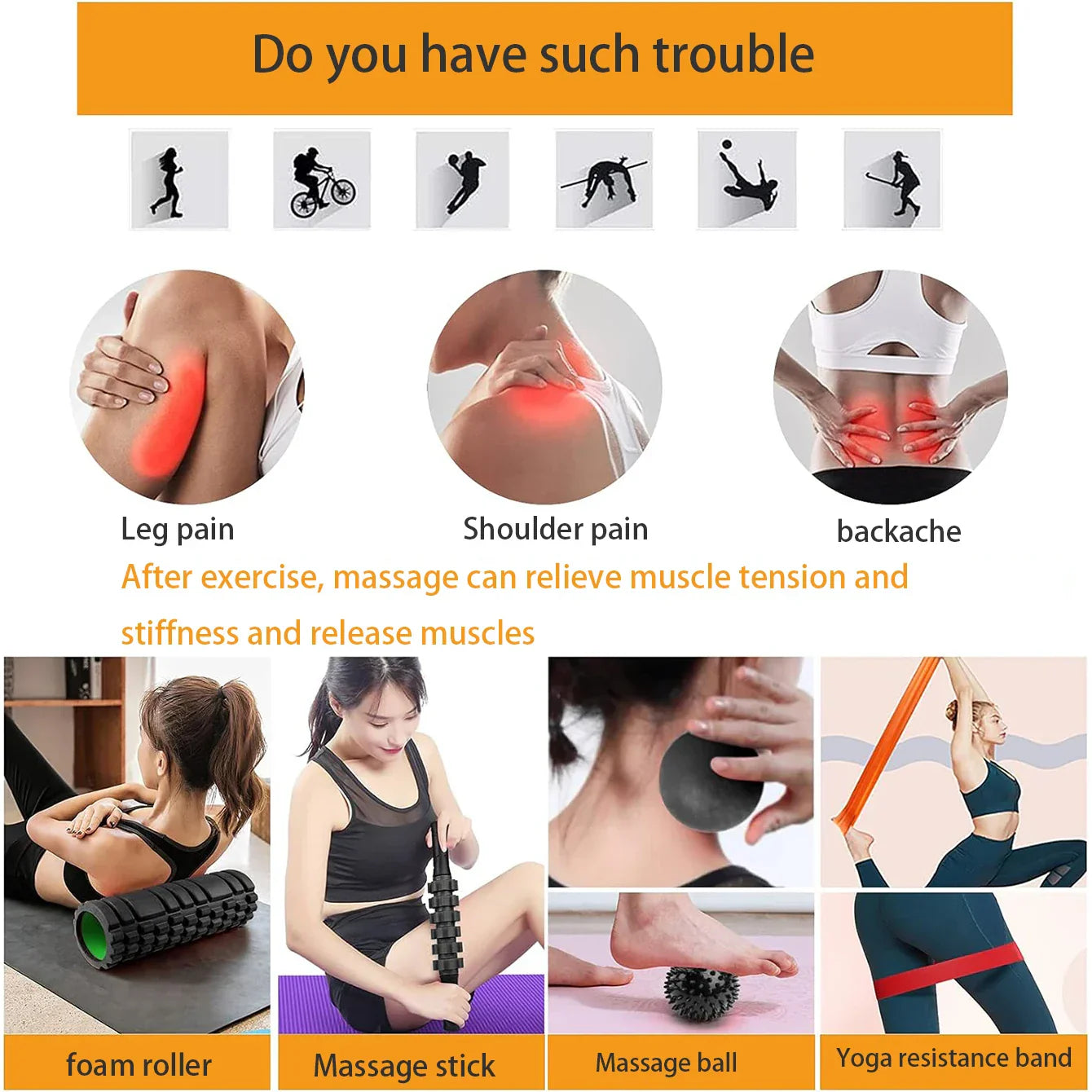 Black 6-in-1 yoga training set with foam roller, massage stick, tension band, and massage balls — view 3