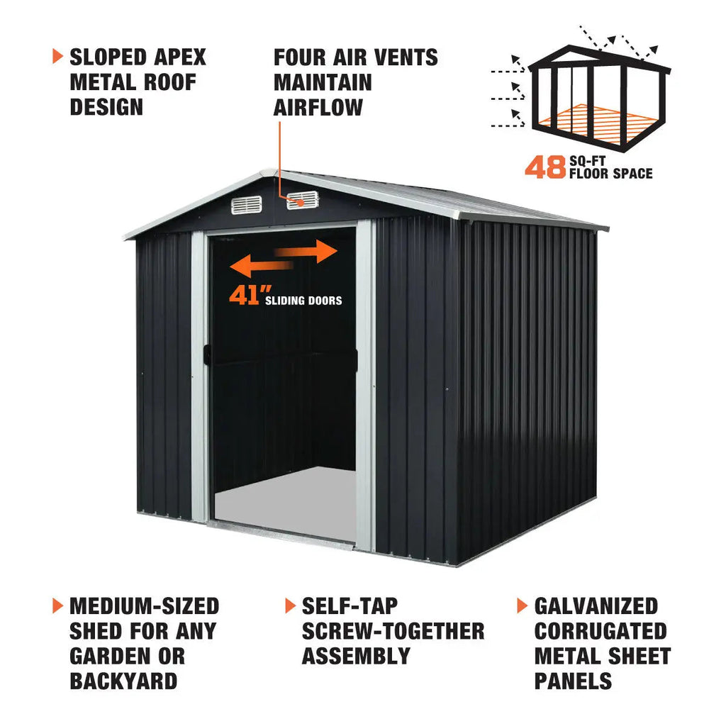 6' x 8' Galvanized Apex Roof Metal Shed, 29 GA Corrugated Metal, 67" Edge Height, TMG-MS0608-2