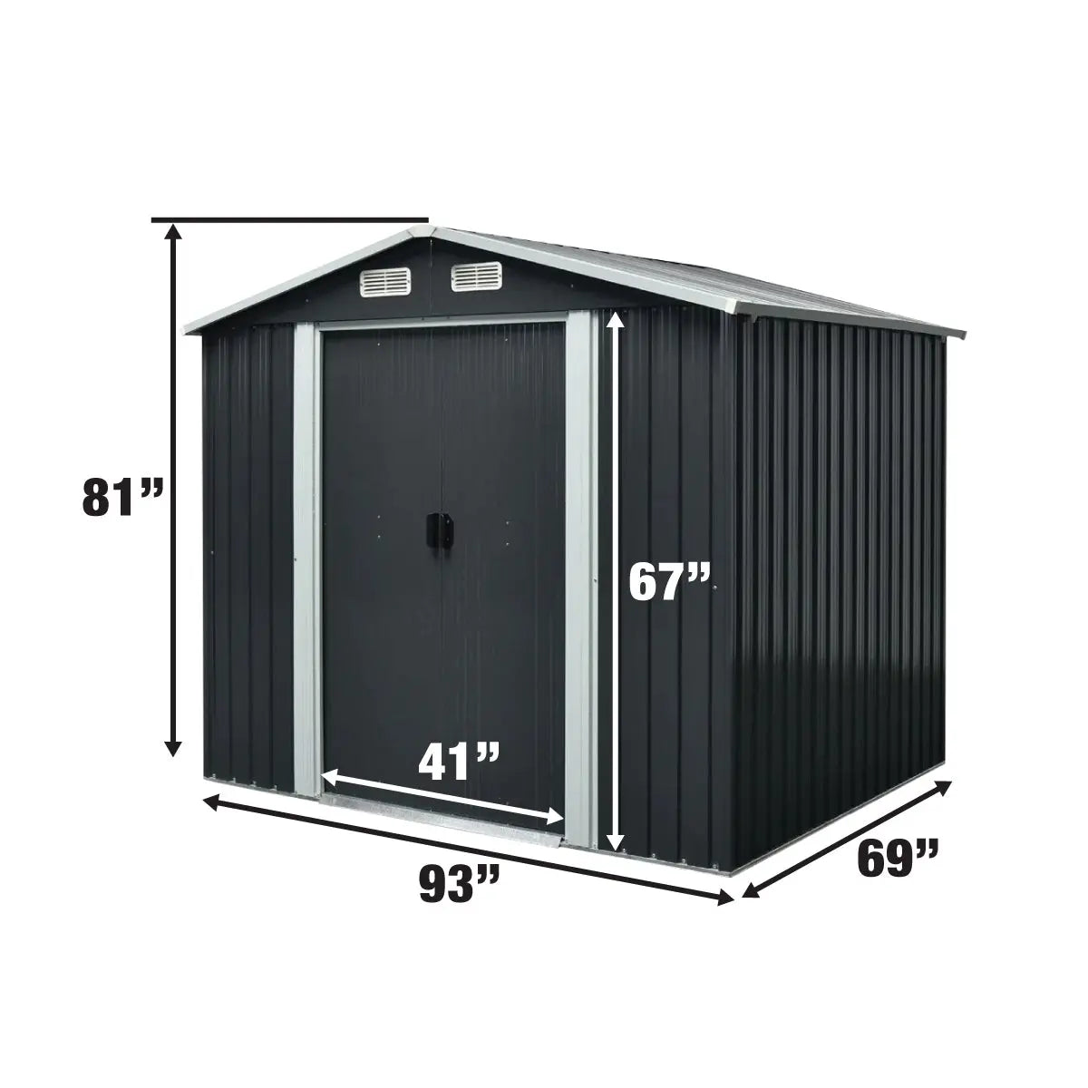 6' x 8' Galvanized Apex Roof Metal Shed, 29 GA Corrugated Metal, 67" Edge Height, TMG-MS0608-3