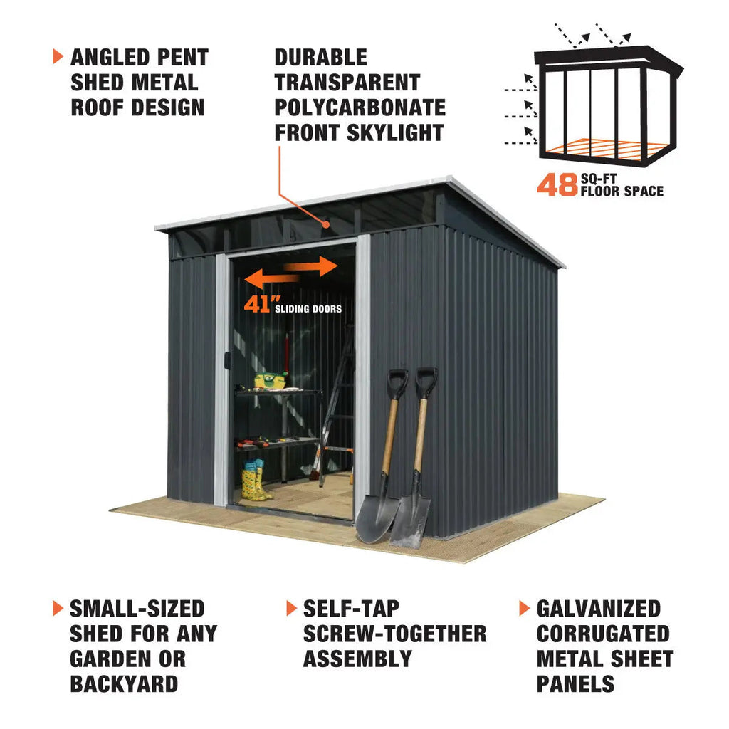 6' x 8' Galvanized Metal Pent Shed w/Skylight, 29 GA Corrugated Metal, 80" Peak Ceiling, TMG-MS0608P-3