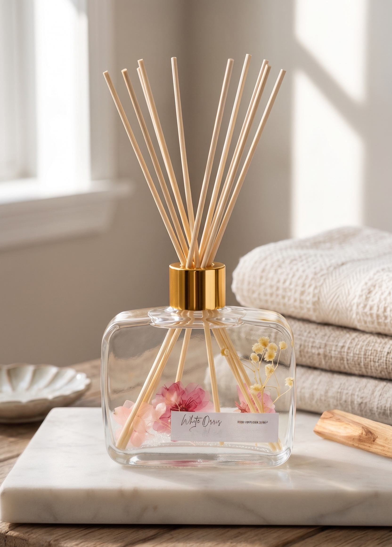 Botanical reed diffuser 6.8oz glass bottle with wooden sticks for natural home fragrance and decor