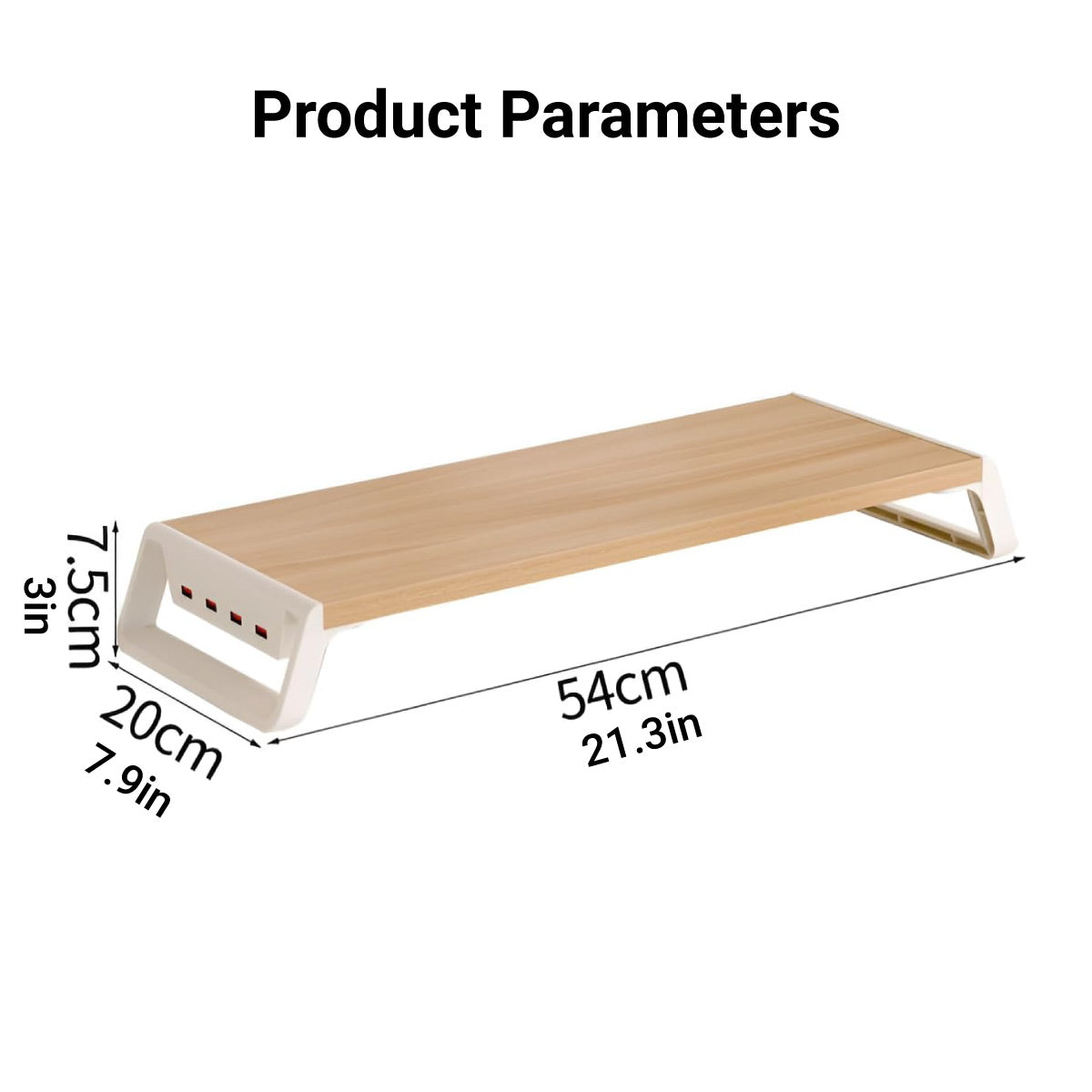 Wooden computer monitor stand riser with built-in four port USB hub and smooth rounded corners — view 3
