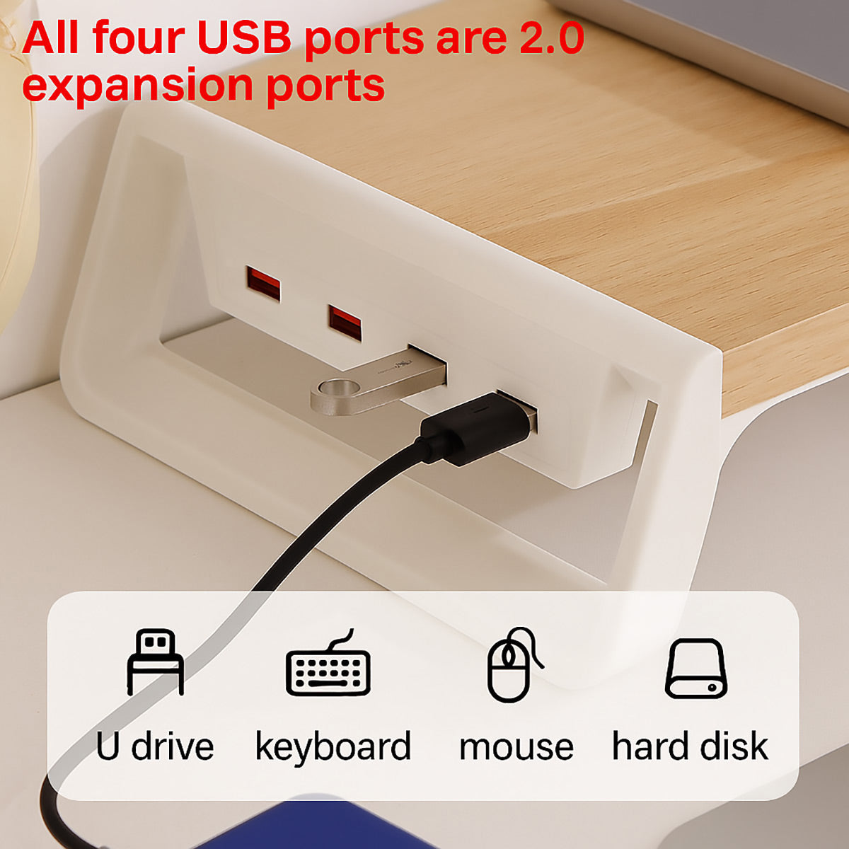Wooden computer monitor stand riser with built-in four port USB hub and smooth rounded corners — view 5