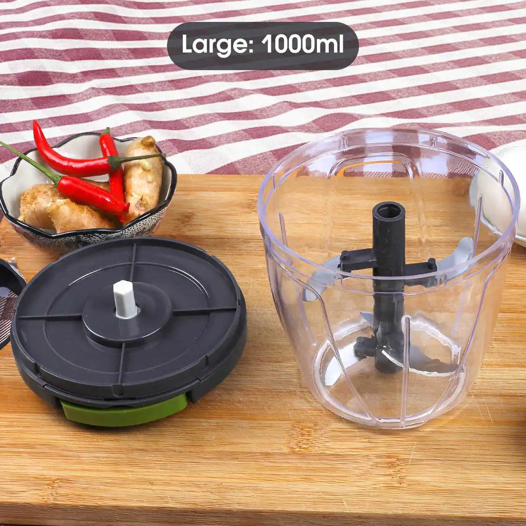 1000ml manual food chopper with hand pull string, stainless steel blades, and thick plastic lid. — view 4