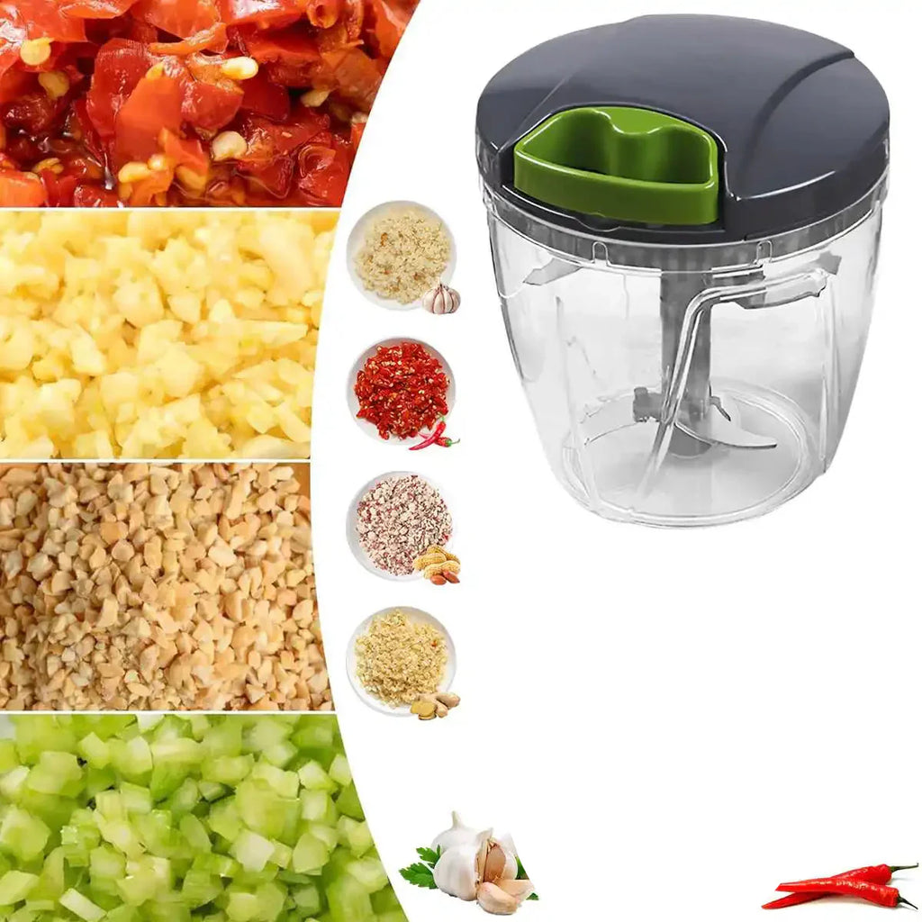 1000ml manual food chopper with hand pull string, stainless steel blades, and thick plastic lid. — view 2