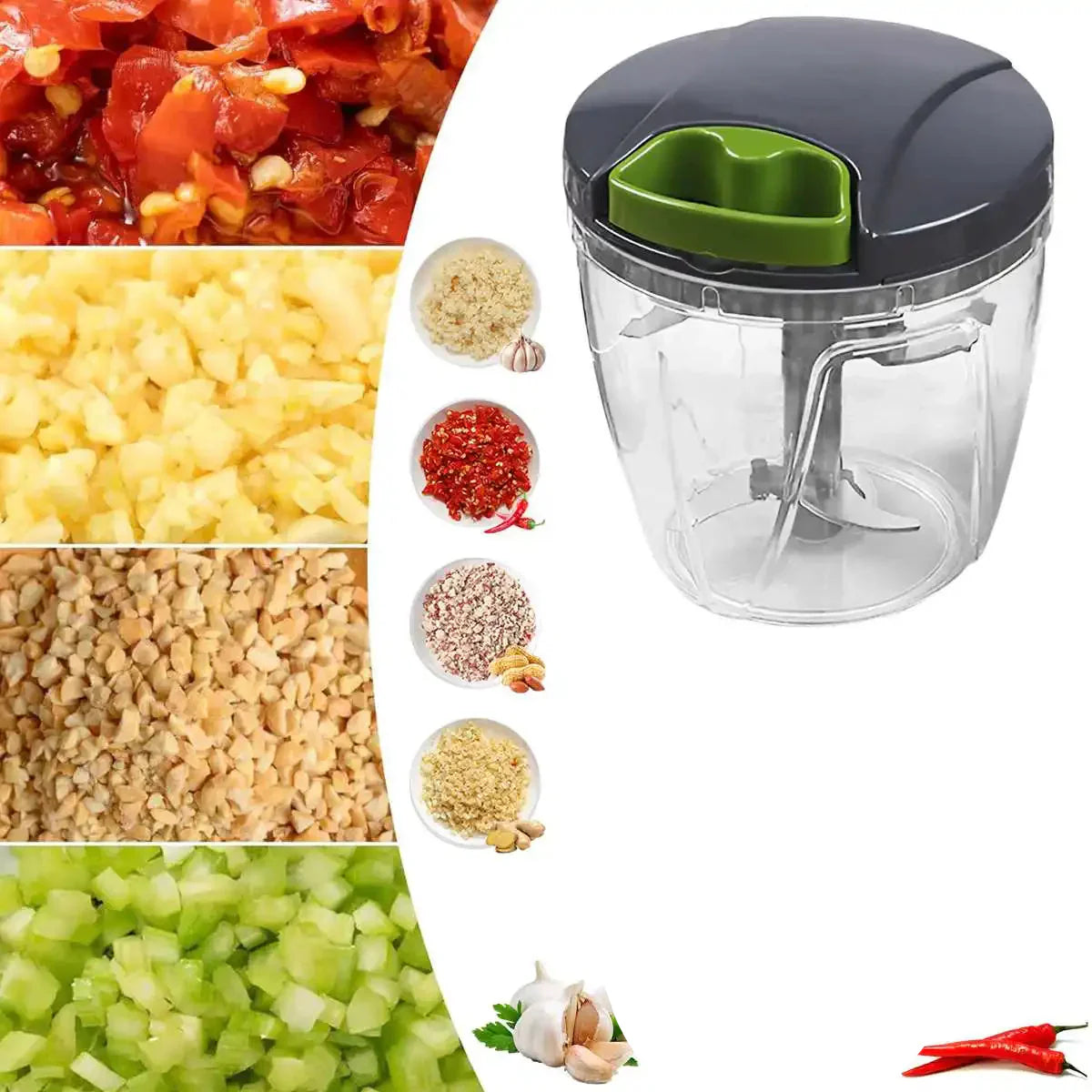 1000ml manual food chopper with hand pull string, stainless steel blades, and thick plastic lid. — view 2