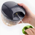 1000ml manual food chopper with hand pull string, stainless steel blades, and thick plastic lid.