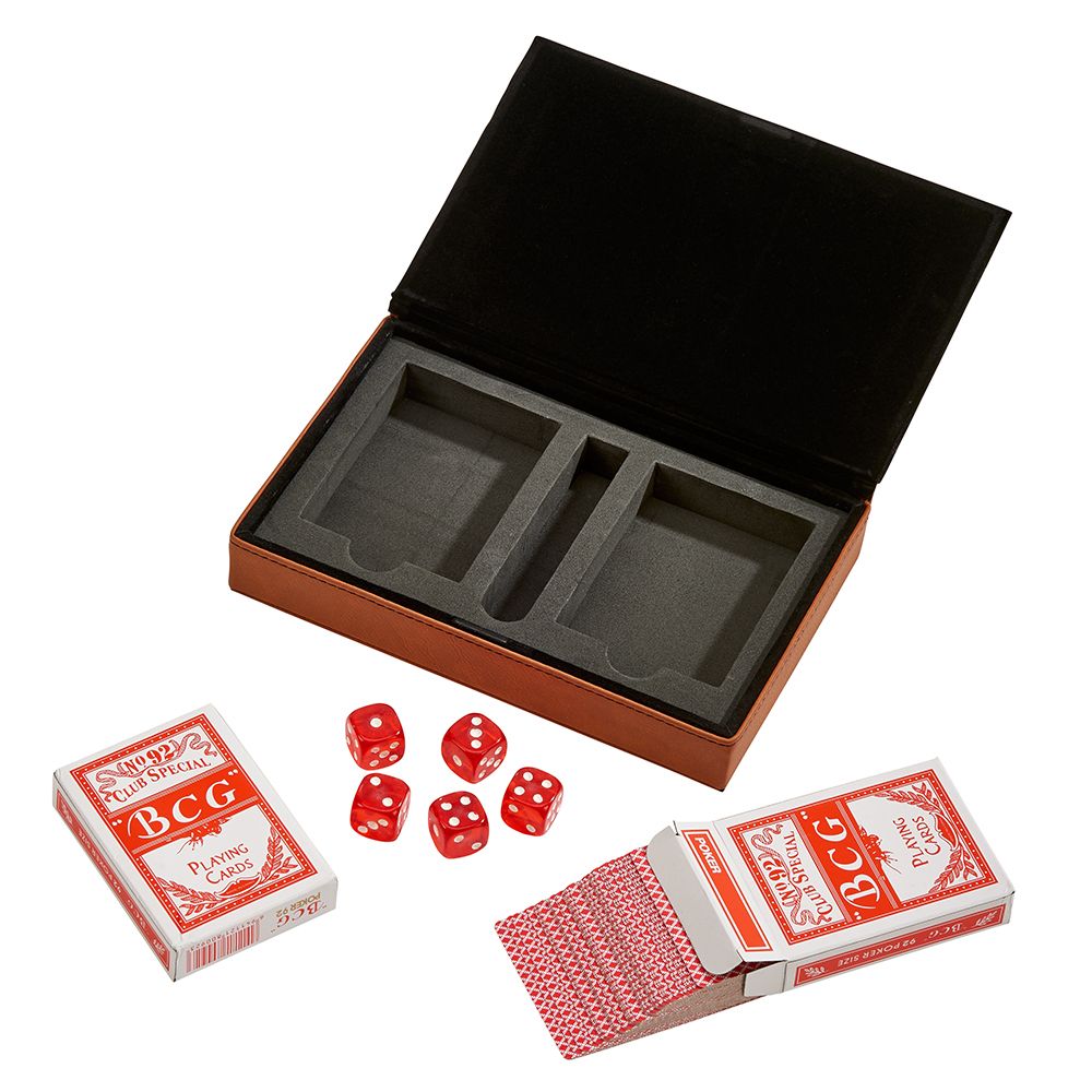 Caramel faux leatherette poker set case with two decks of playing cards and five dice — view 5