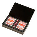 Grey faux leatherette playing card case with two poker decks and five dice inside