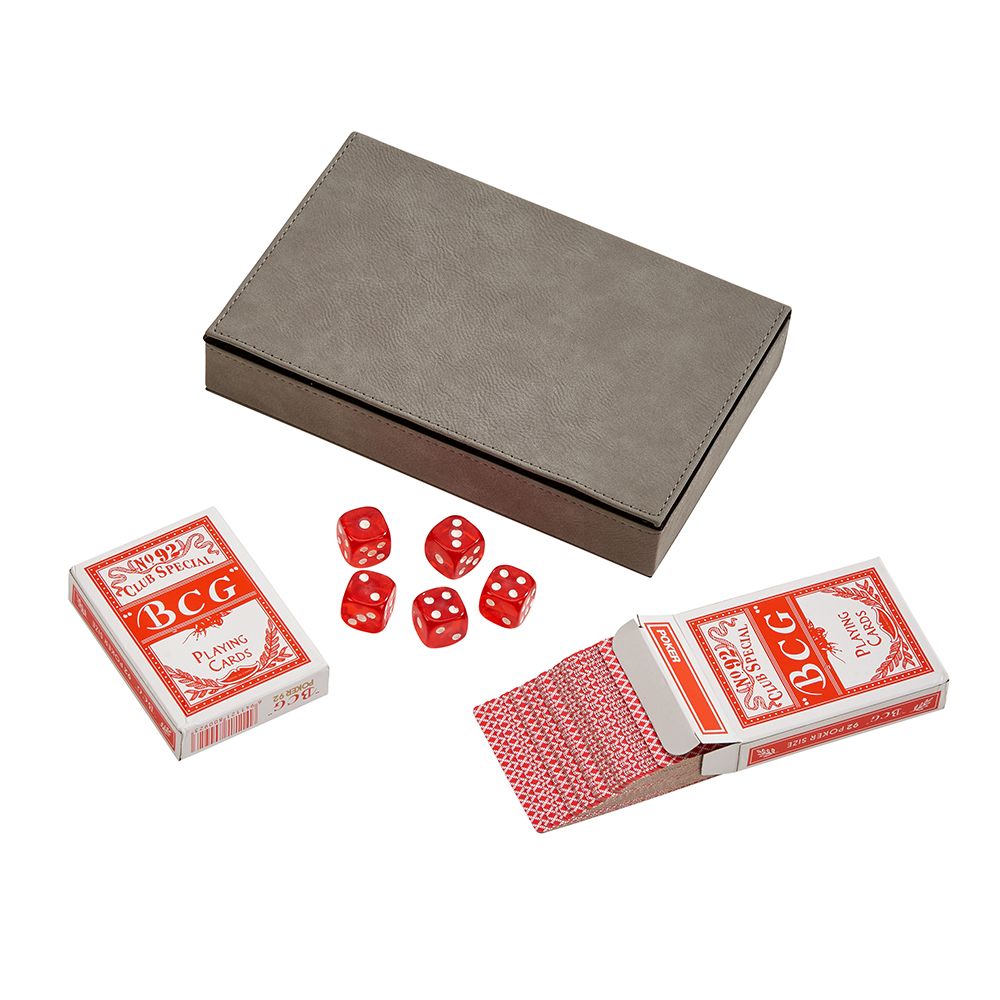 Grey faux leatherette playing card case with two poker decks and five dice inside — view 5