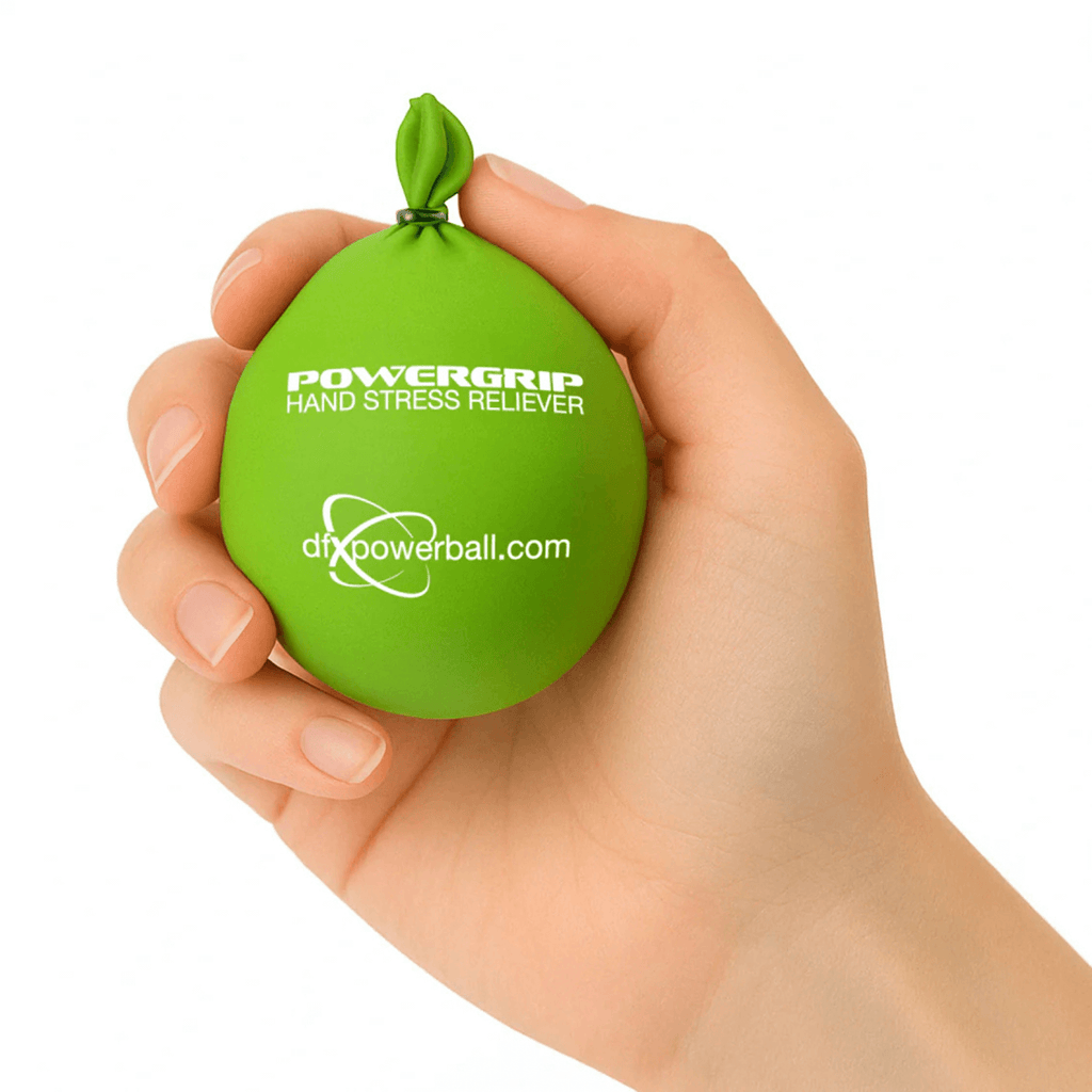 Round DFX power grip stress ball for hand massage, fidget control, and hand strength therapy