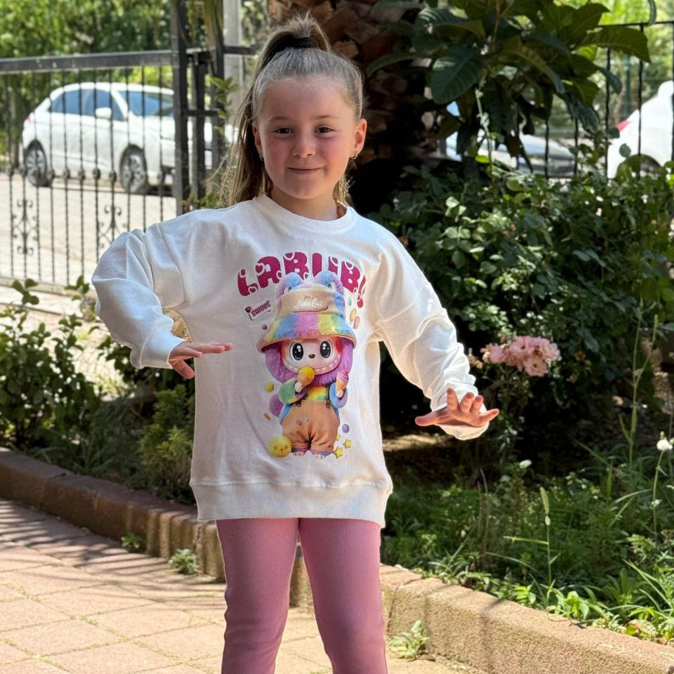 White girls sweatshirt with colorful La-Bu-Bu character print and fitted lilac cotton leggings. — view 2